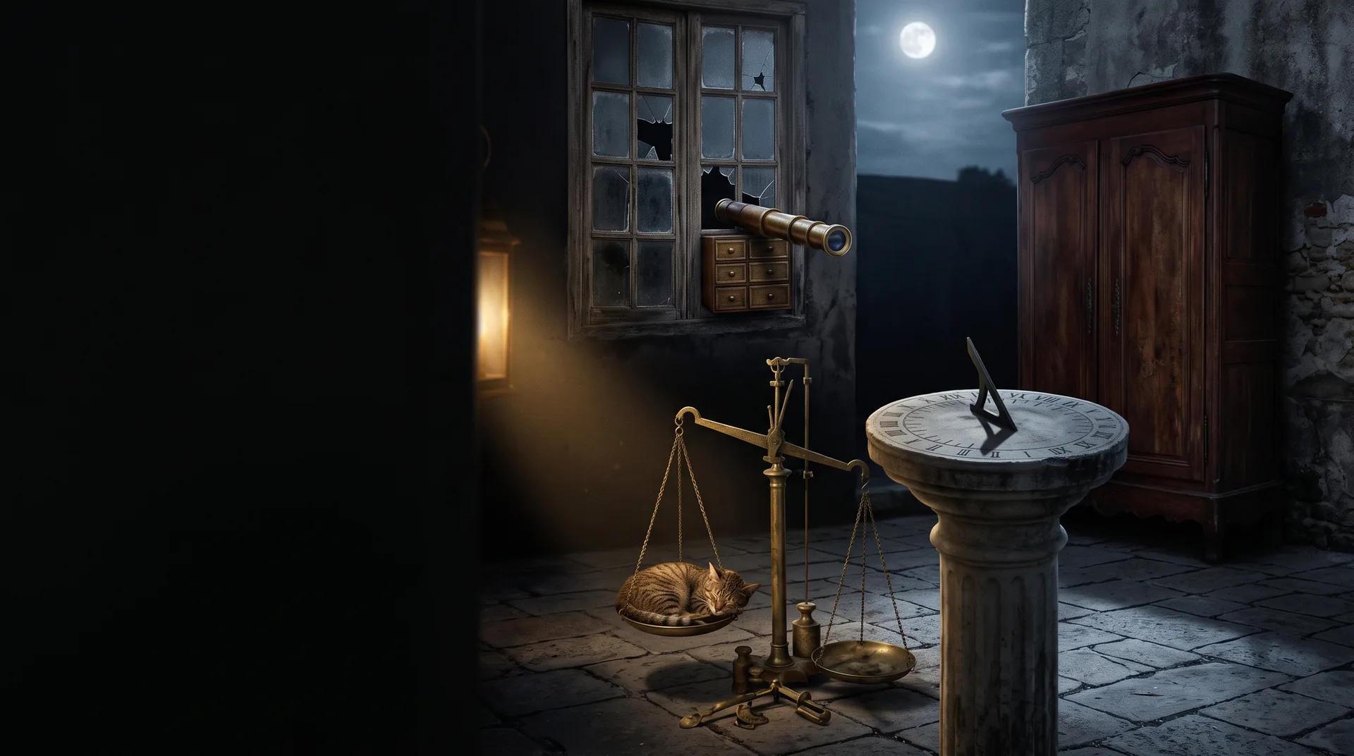 Imagen generada con IA: patio colonial de noche con reloj de sol, balanza con un gato dormido, telescopio en una ventana rota y un armario alto