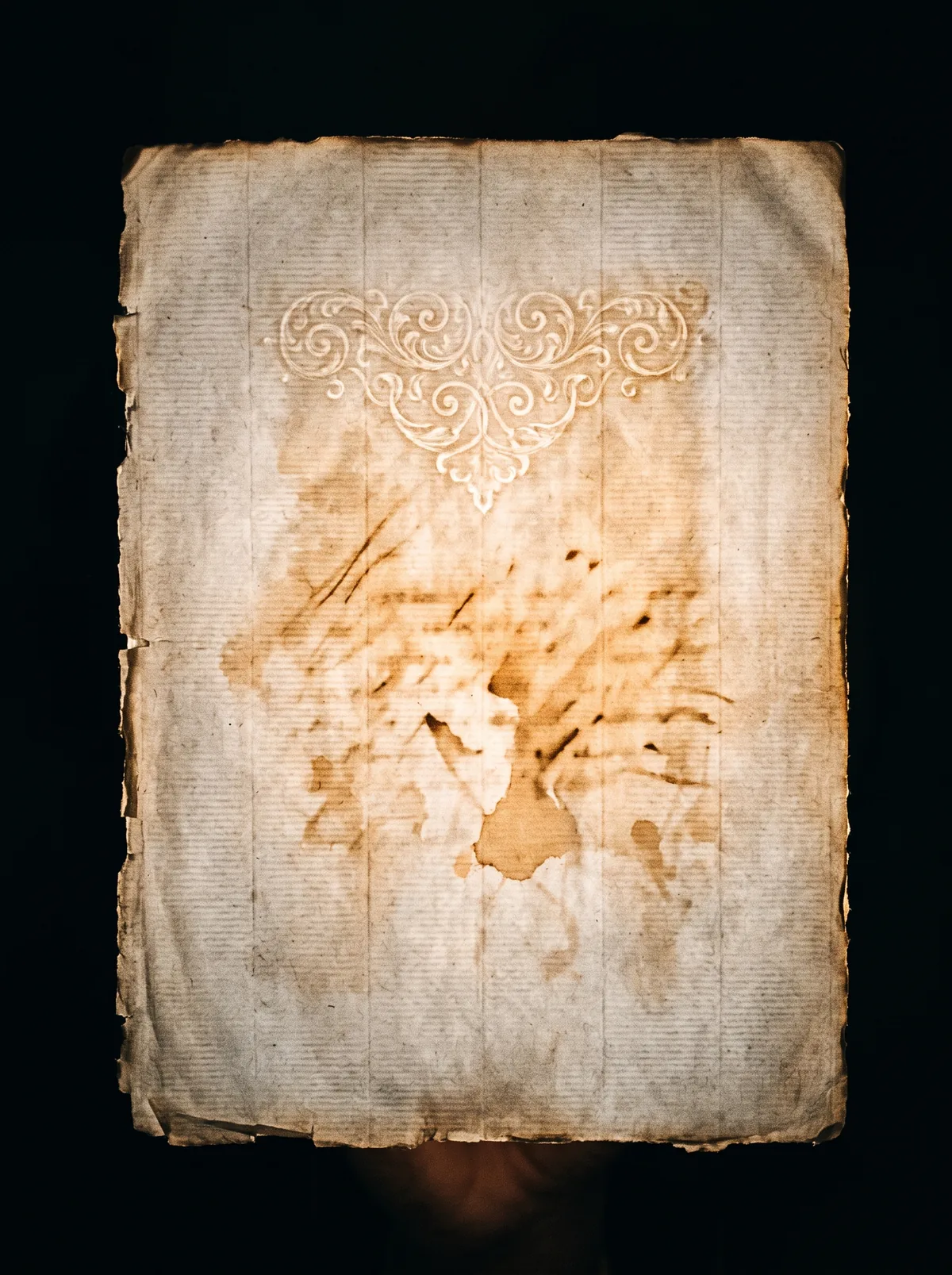 Imagen generada con IA: hoja de papel antiguo a contraluz con una marca de agua de volutas y escritura borrada ilegible