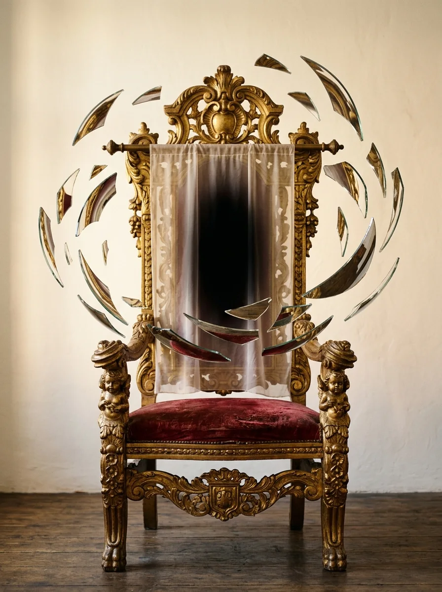 Imagen generada con IA: trono barroco dorado vacío; una pantalla de seda tapa a medias un hueco oscuro y fragmentos de espejo giran alrededor