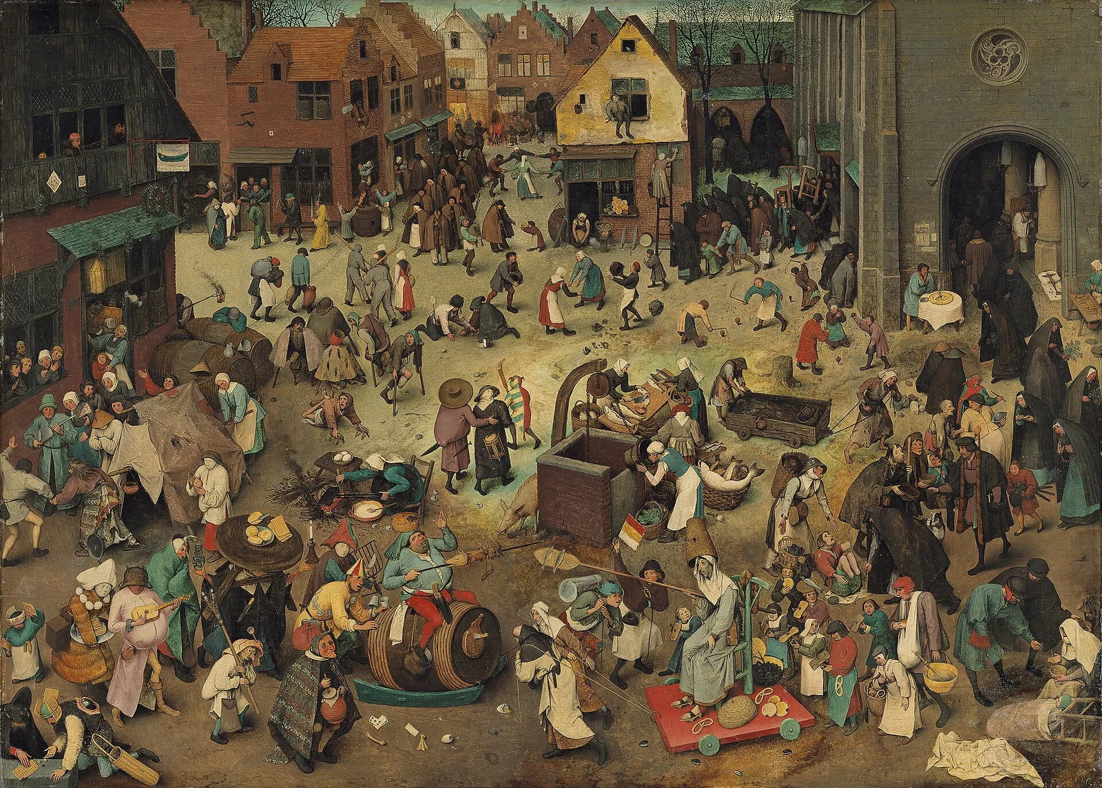 Combate entre Carnaval y Cuaresma de Bruegel: una plaza llena de gente; a un lado un gordo sobre un barril, al otro una figura flaca de la Cuaresma