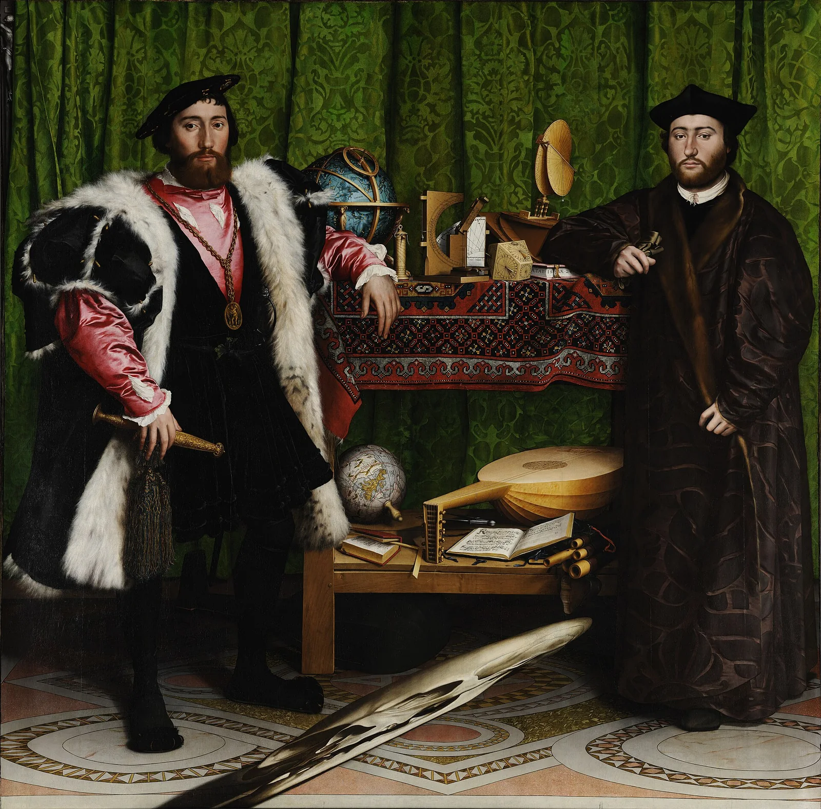 Los embajadores de Holbein: dos hombres junto a una mesa con instrumentos; en primer plano, una mancha alargada que es una calavera en anamorfosis