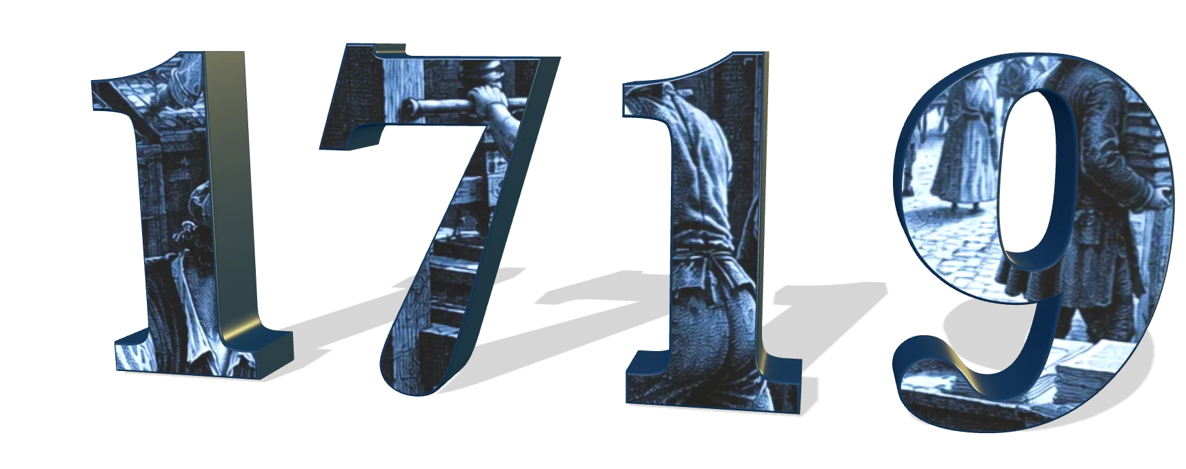 La cifra 1719 en tipos monumentales de tres dimensiones; en su cara frontal, un taller de imprenta del siglo XVIII