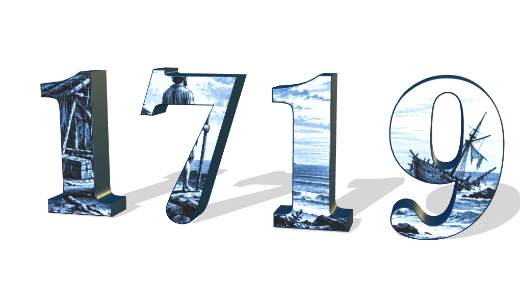 La cifra 1719 en tres dimensiones; en su cara, Crusoe solo en la playa de la isla
