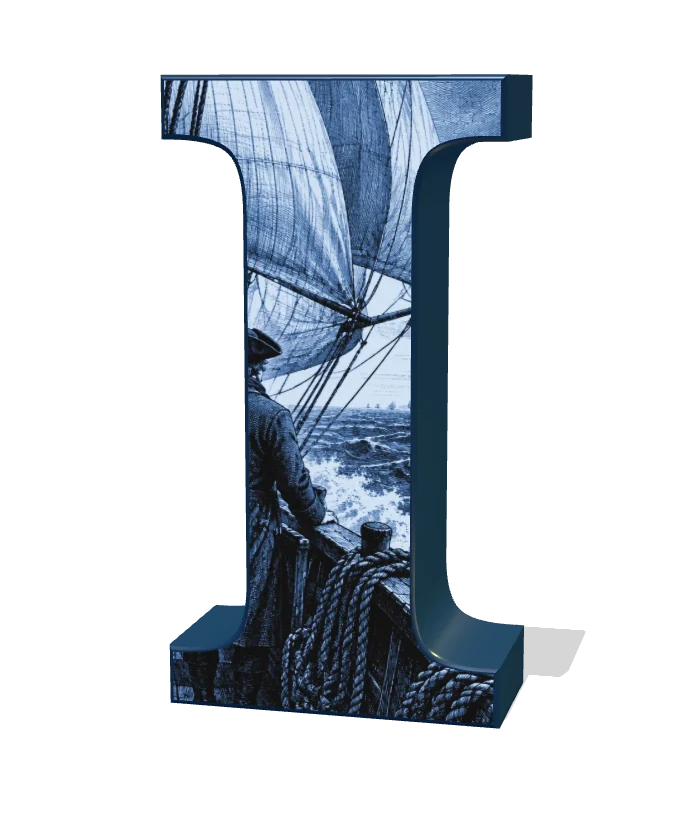 Numeral romano I en tres dimensiones; en su cara, un velero en alta mar