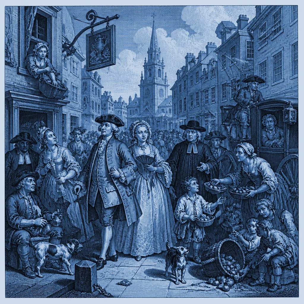 Una calle de Londres llena de tipos sociales, a la manera de Hogarth