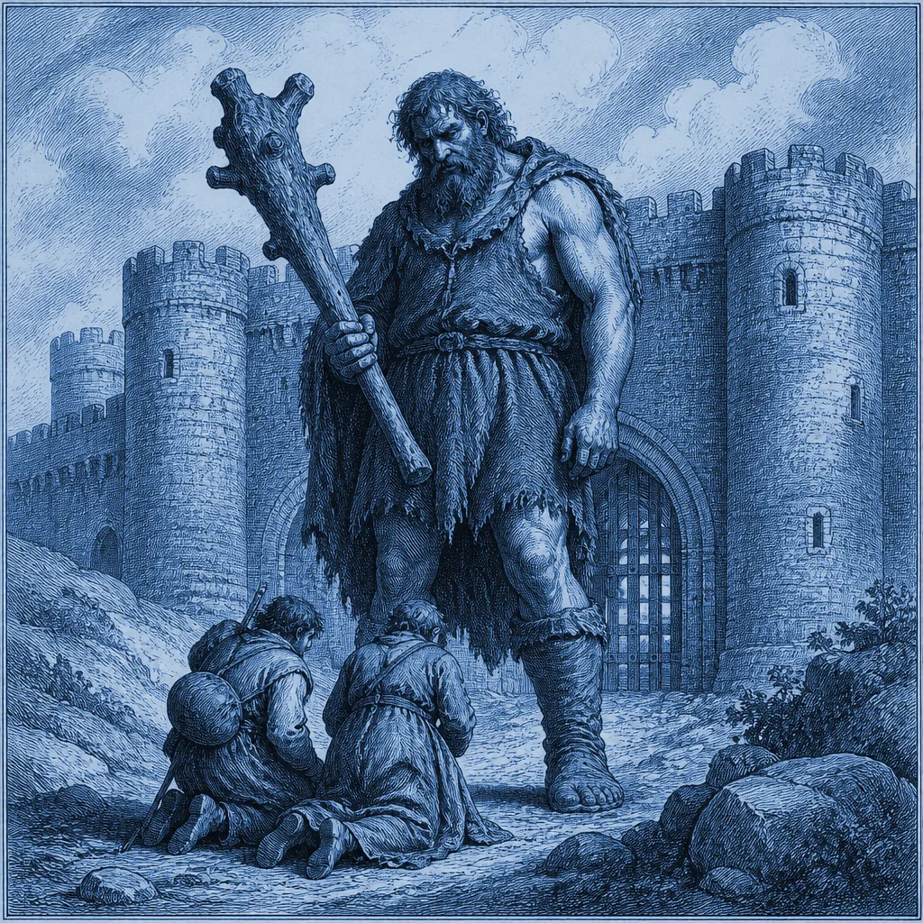 El Gigante Desesperación ante el Castillo de la Duda, con dos peregrinos cautivos