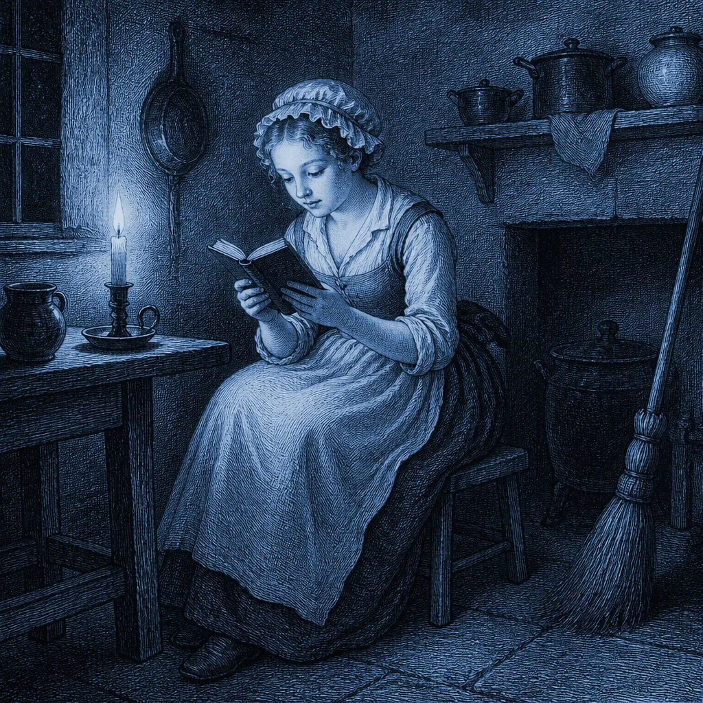 Una criada lee una novela a la luz de una vela