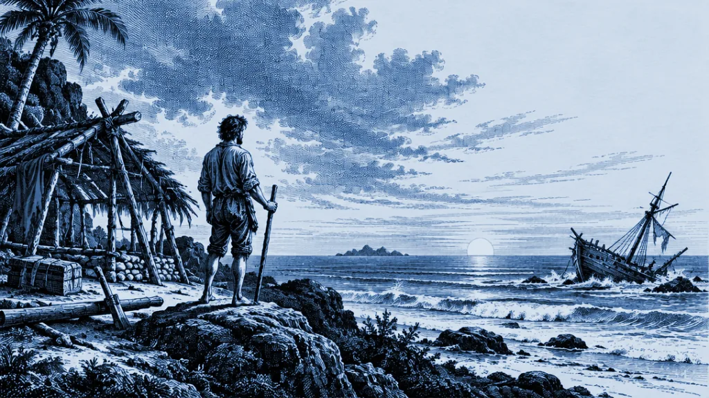 Crusoe en la playa de la isla, junto a los restos del barco