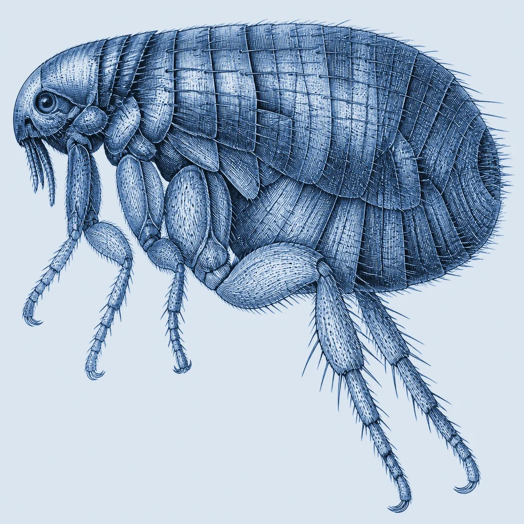 Una pulga vista al microscopio, a la manera de la Micrographia de Hooke (1665)