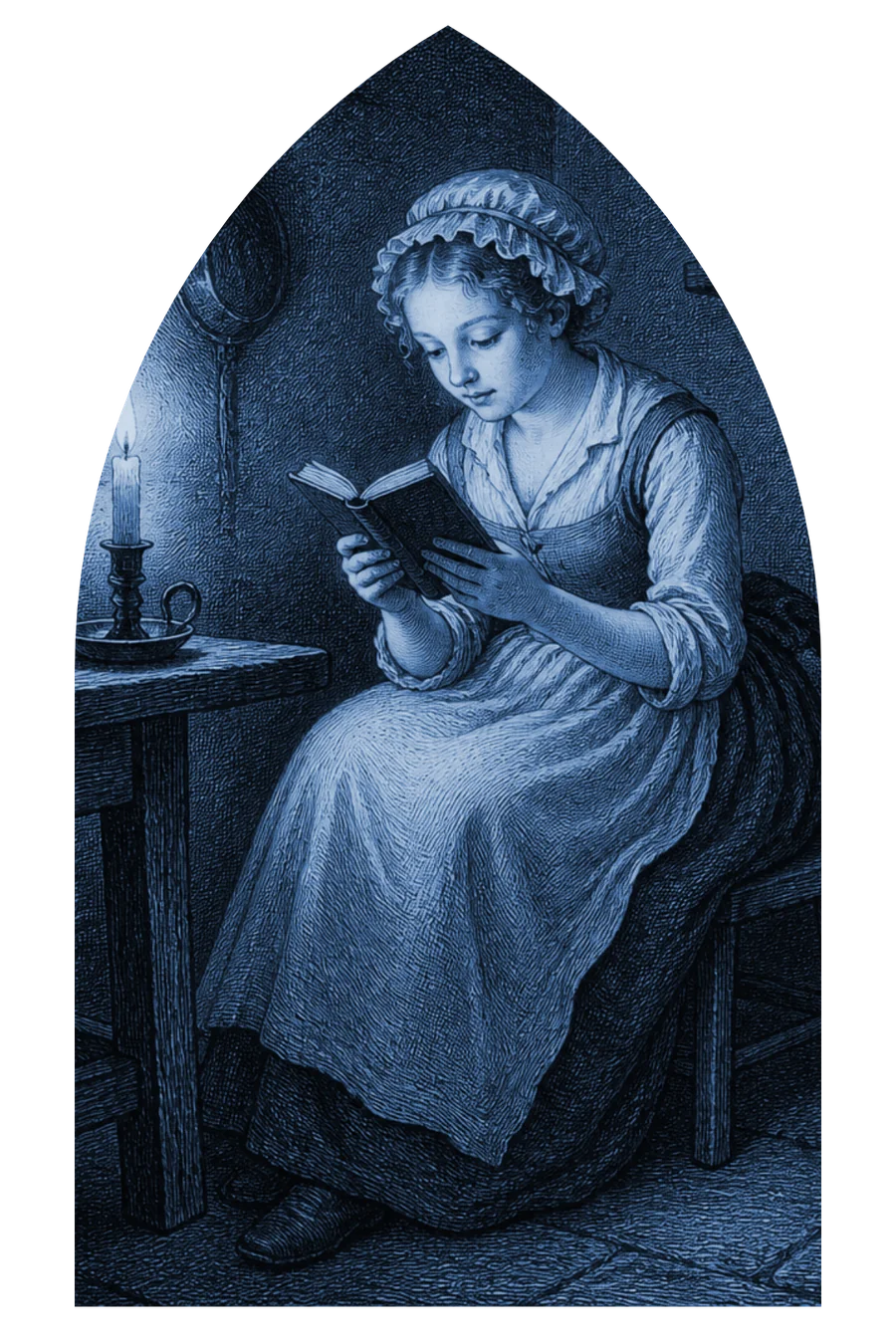A través de la ventana, una criada lee una novela a la luz de una vela